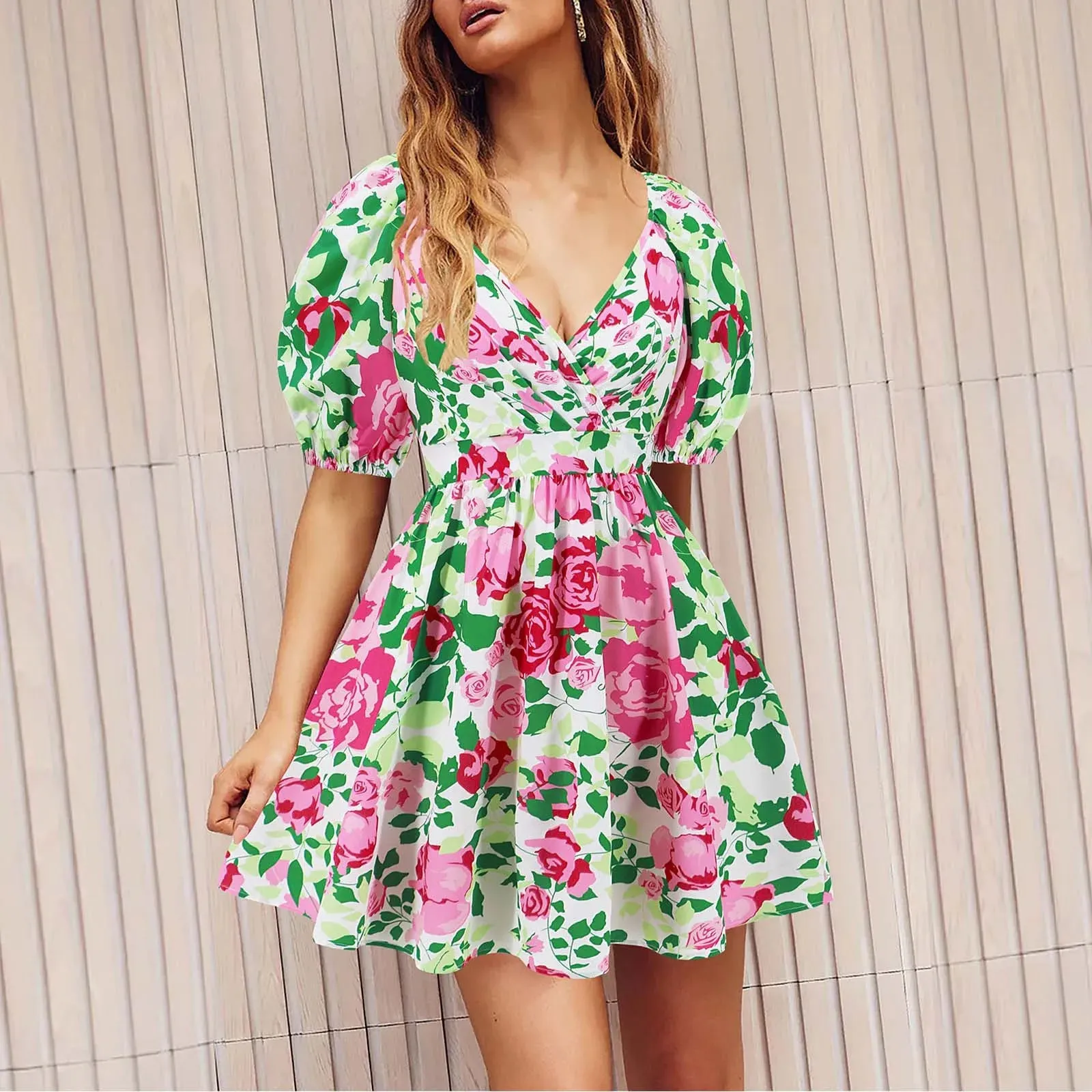 New Retro Beach Flower Ruffles Sweet Sexy V Neck Puff Holiday Mini Summer Dress