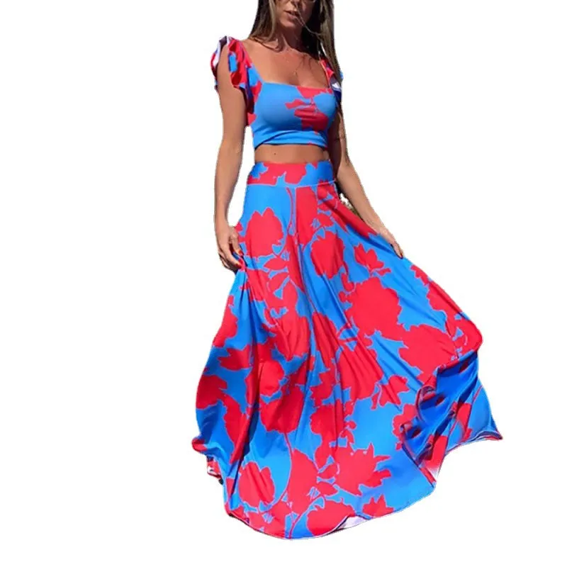 New Women's Waist Top Fashion Sexy Dress Long Dress Two-piece Set