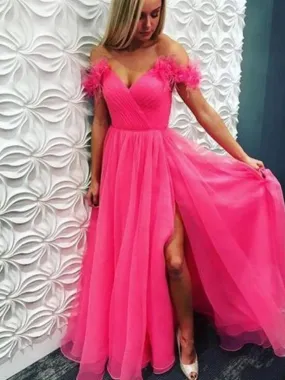 Off Shoulder Hot Pink Long Prom with Slit, Hot Pink Off Shoulder the Long Formal Evening