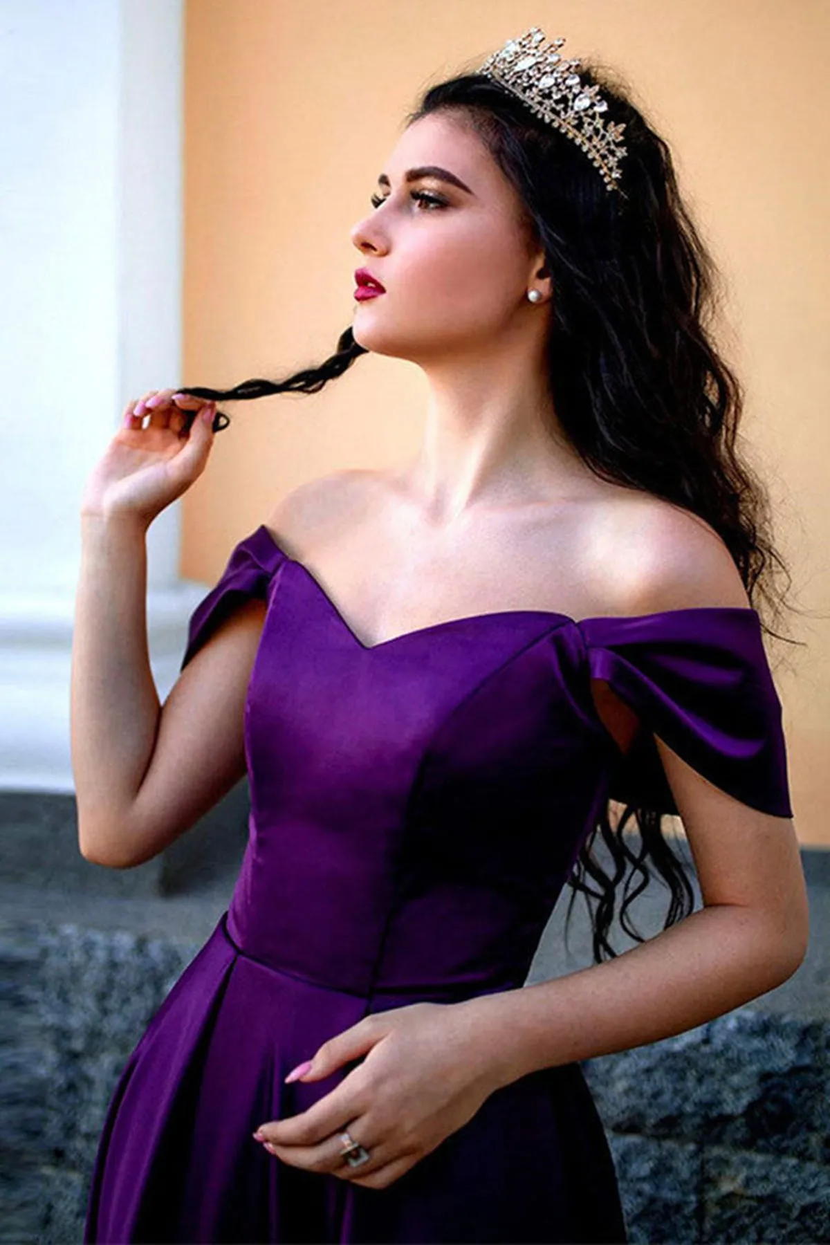 Off Shoulder Purple Satin Long Prom Dress with High Slit, Off the Shoulder Purple Formal Graduation Evening Dress A1642