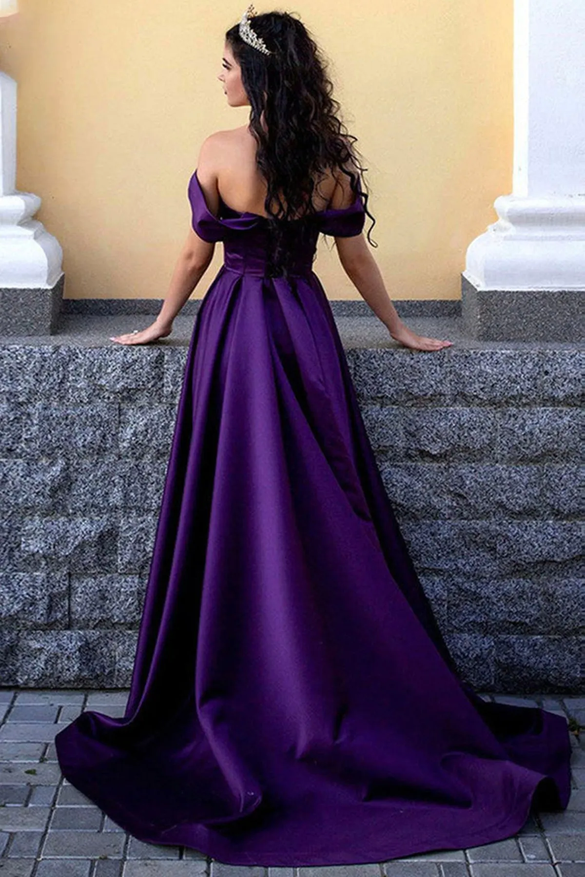 Off Shoulder Purple Satin Long Prom Dress with High Slit, Off the Shoulder Purple Formal Graduation Evening Dress A1642