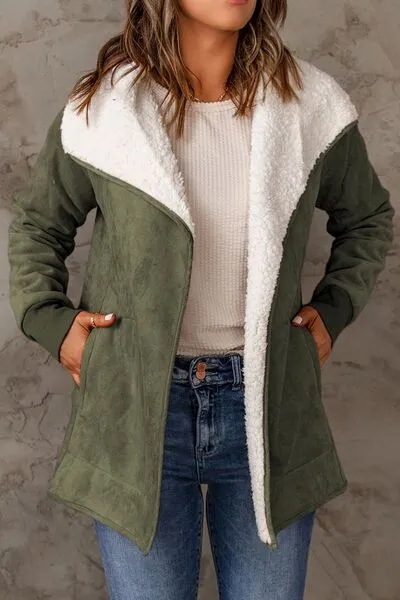 Open Front Long Sleeve Sherpa Jacket with Pockets