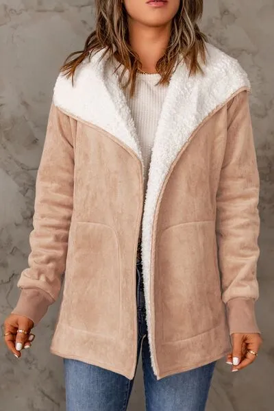 Open Front Long Sleeve Sherpa Jacket with Pockets