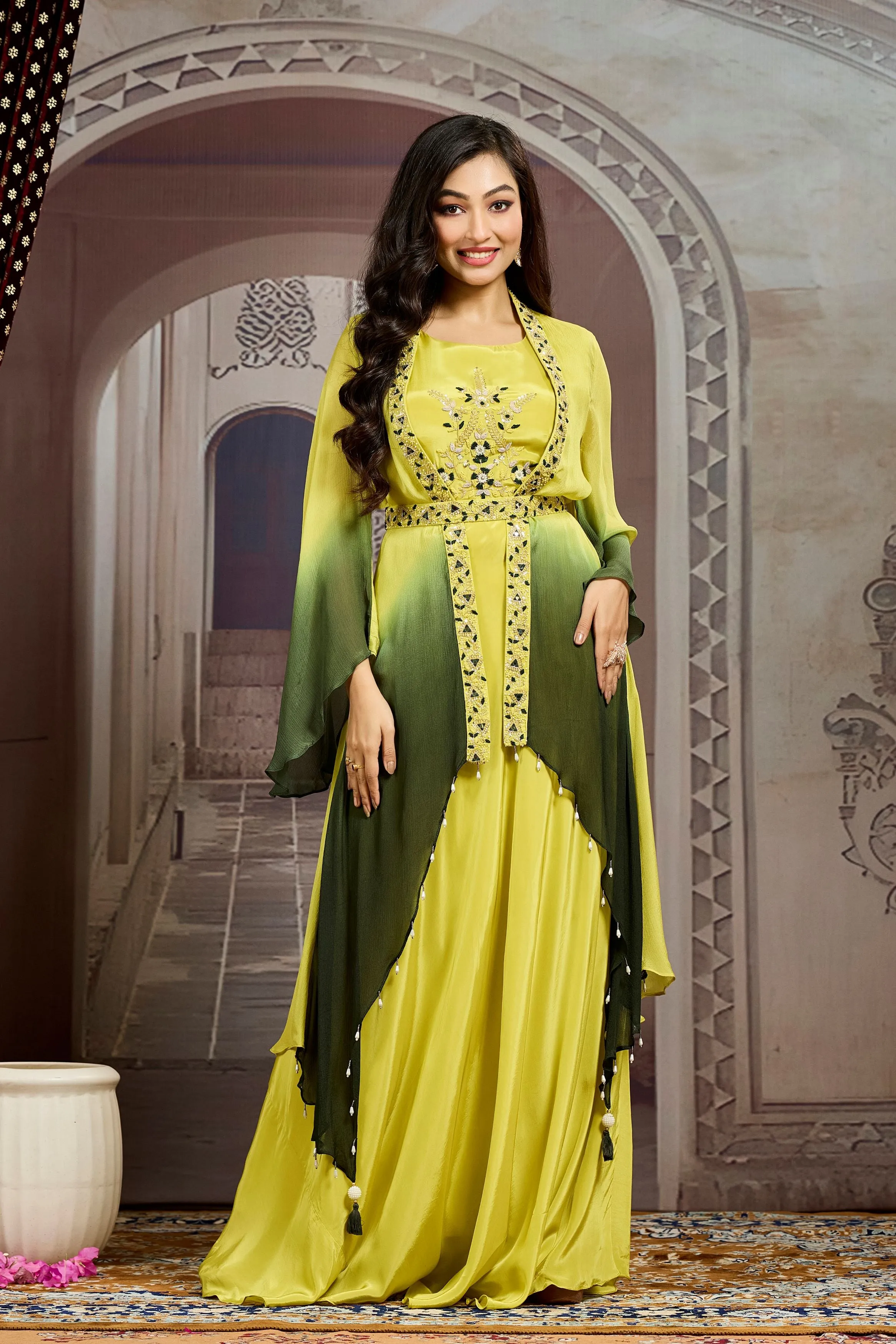 Pear Green Ombre-Dyed Chinon Silk Cape Gown