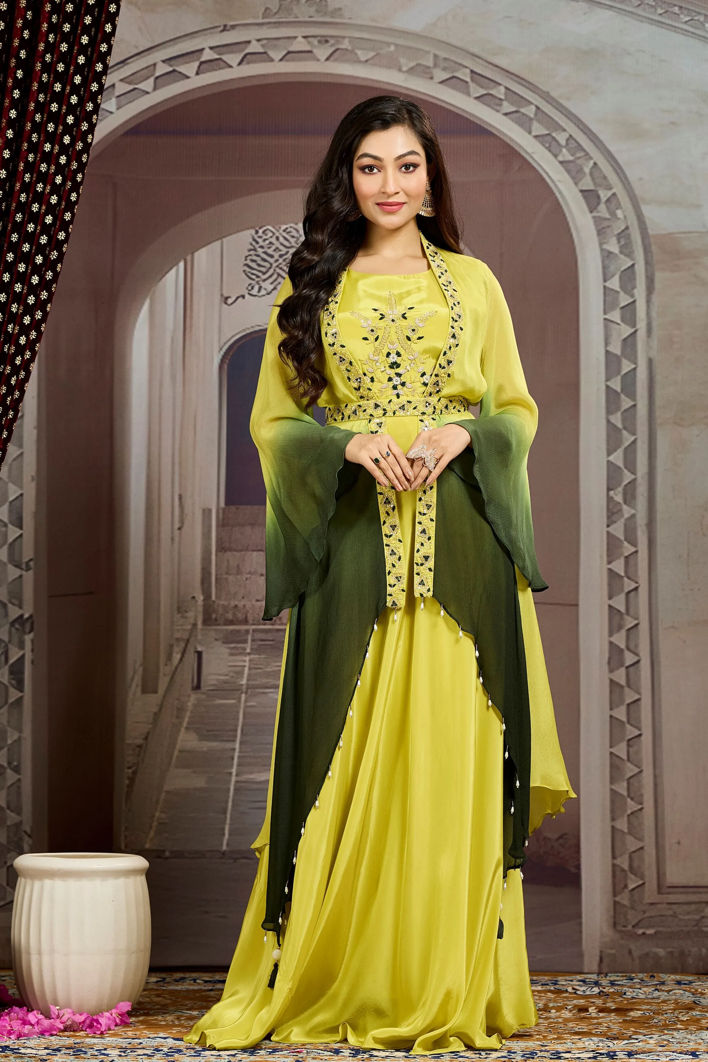 Pear Green Ombre-Dyed Chinon Silk Cape Gown