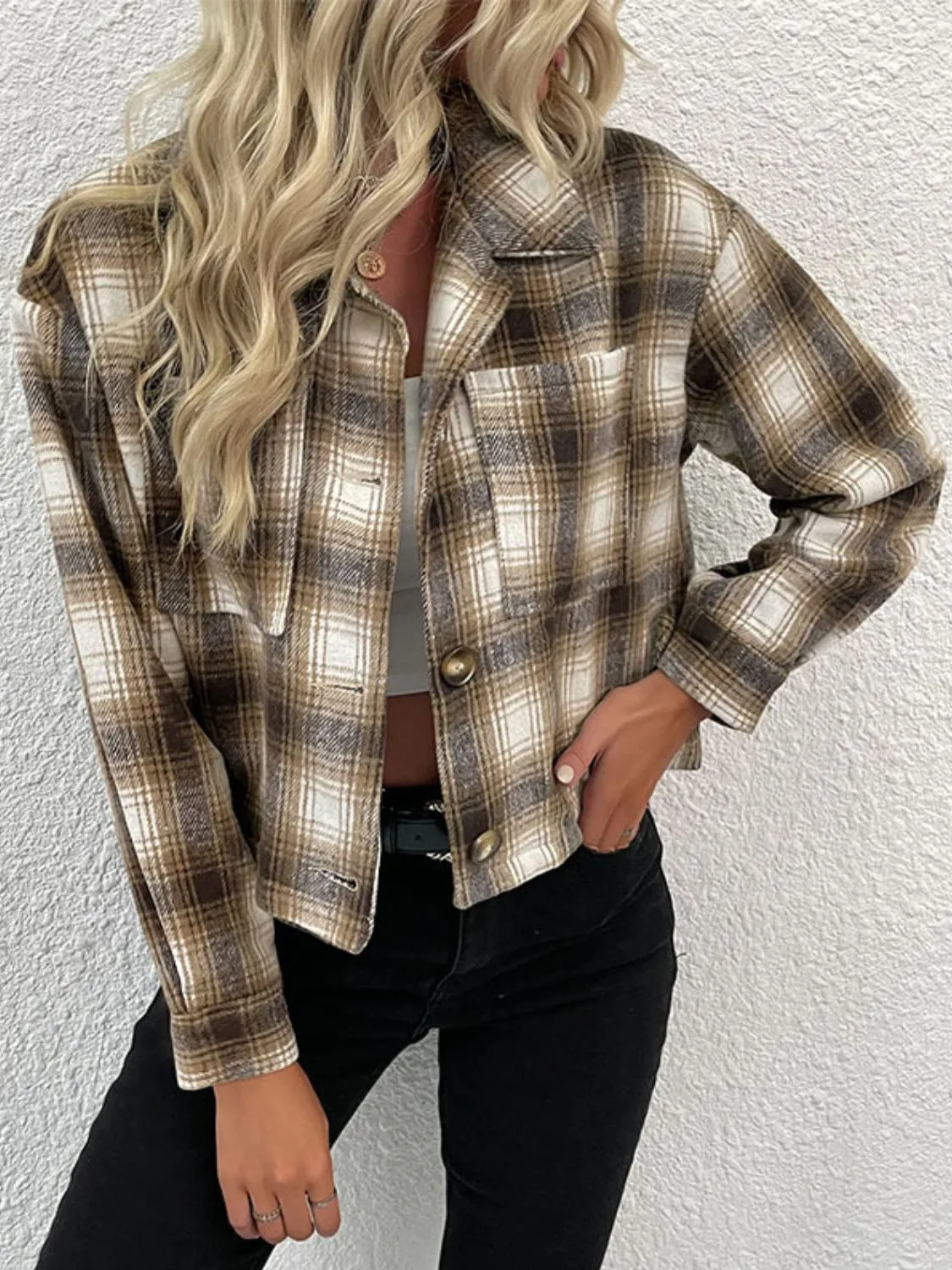 Perfee Plaid Button-Up Dropped Shoulder Shacket