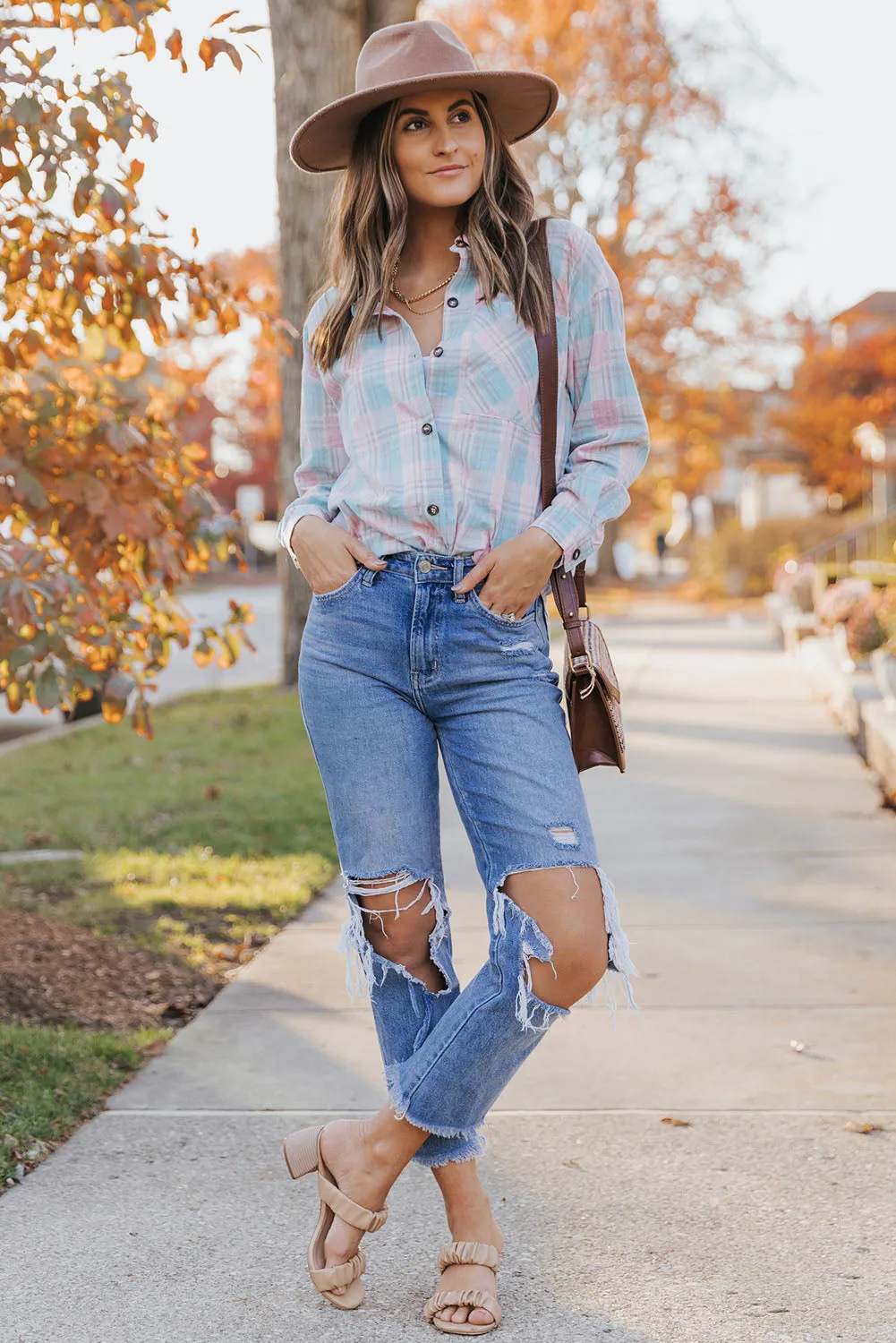 Plaid Button-Up Dropped Shoulder Shirt