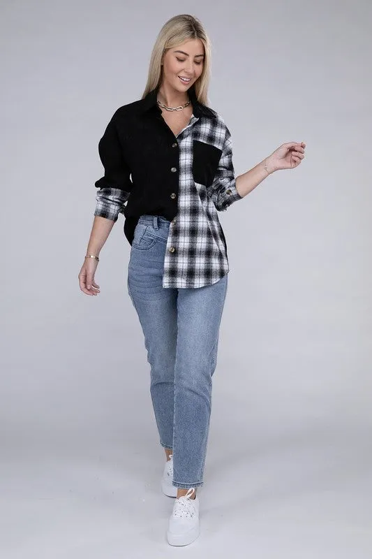 Plaid Flap Drop Shoulder Shacket