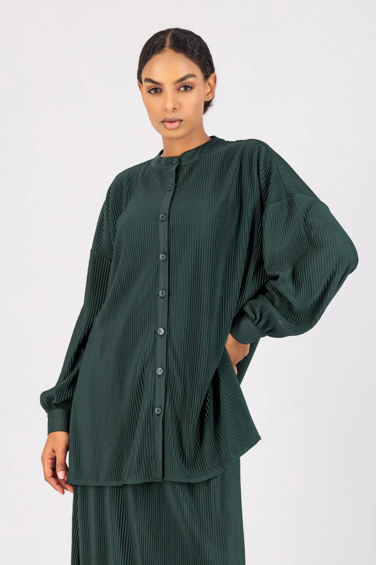 Pleated Button Up - Emerald