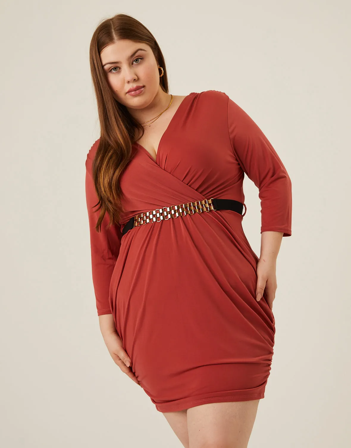 Plus Size Belted Ruched Dress