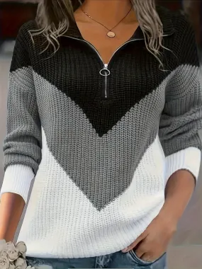 Plus Size Elegant Color Block Zipper Front Long Sleeve Sweater for Fall & Winter