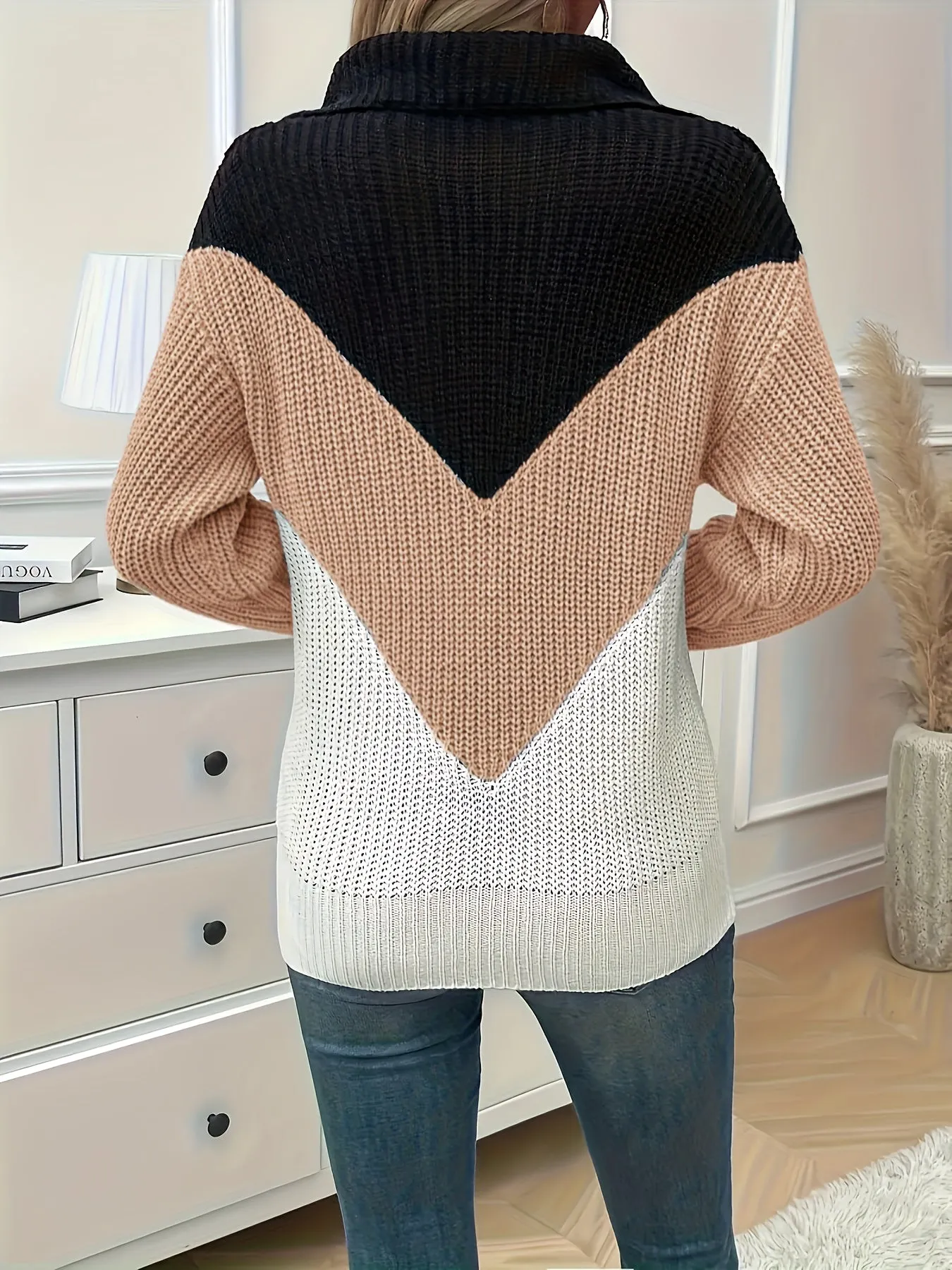 Plus Size Elegant Color Block Zipper Front Long Sleeve Sweater for Fall & Winter