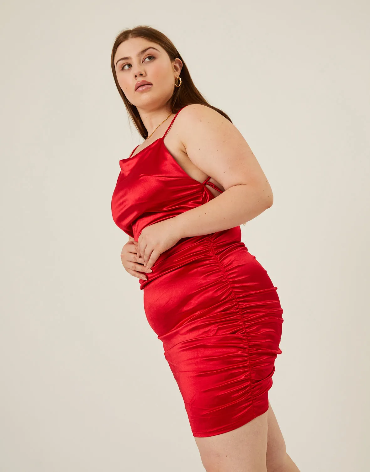 Plus Size Ruched Satin Mini Dress