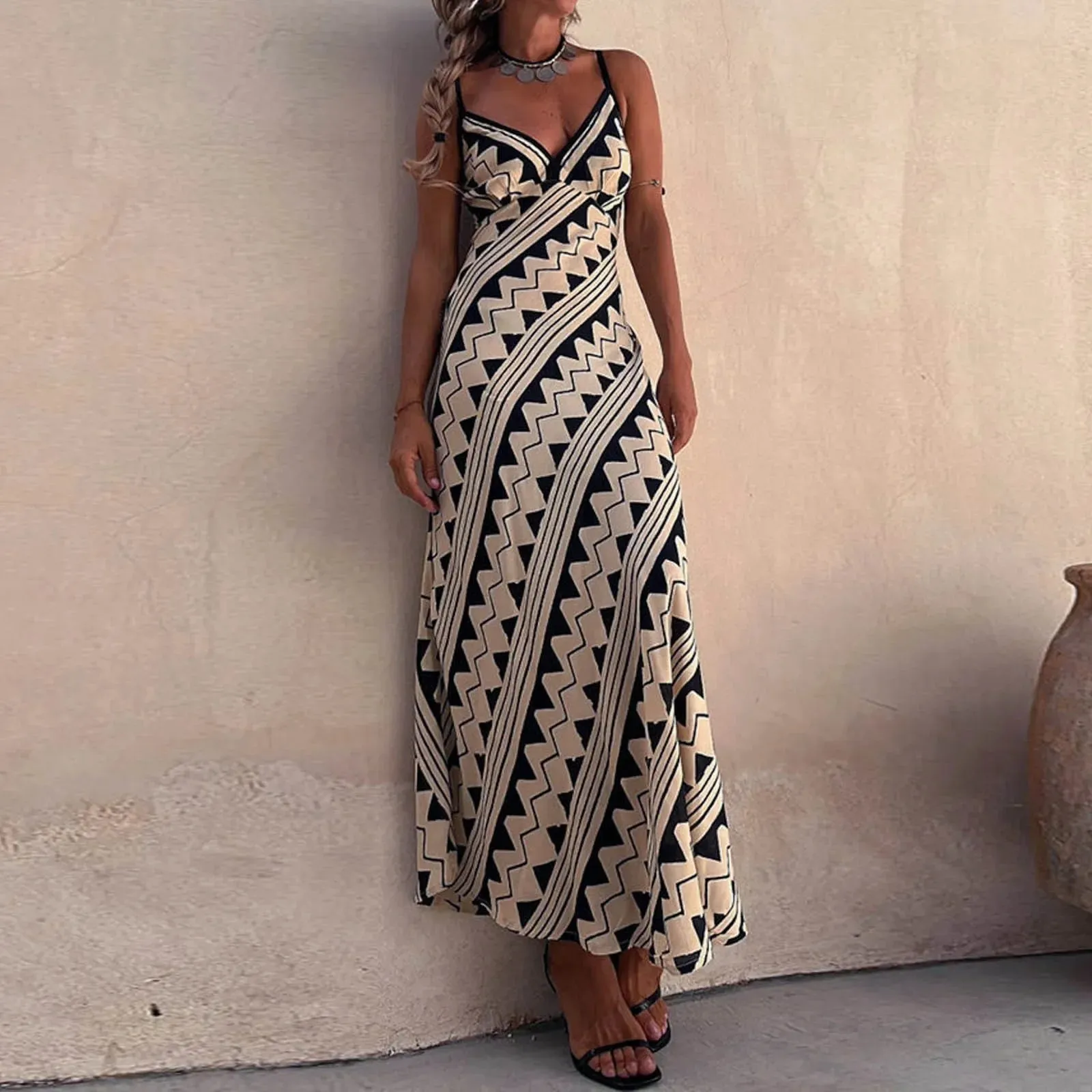 Printed Retro Summer V Beach Casual Neck Long Fashion Bohemian Sleeveless Halter Dress