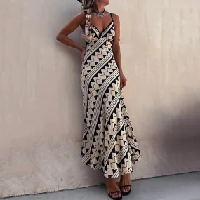 Printed Retro Summer V Beach Casual Neck Long Fashion Bohemian Sleeveless Halter Dress