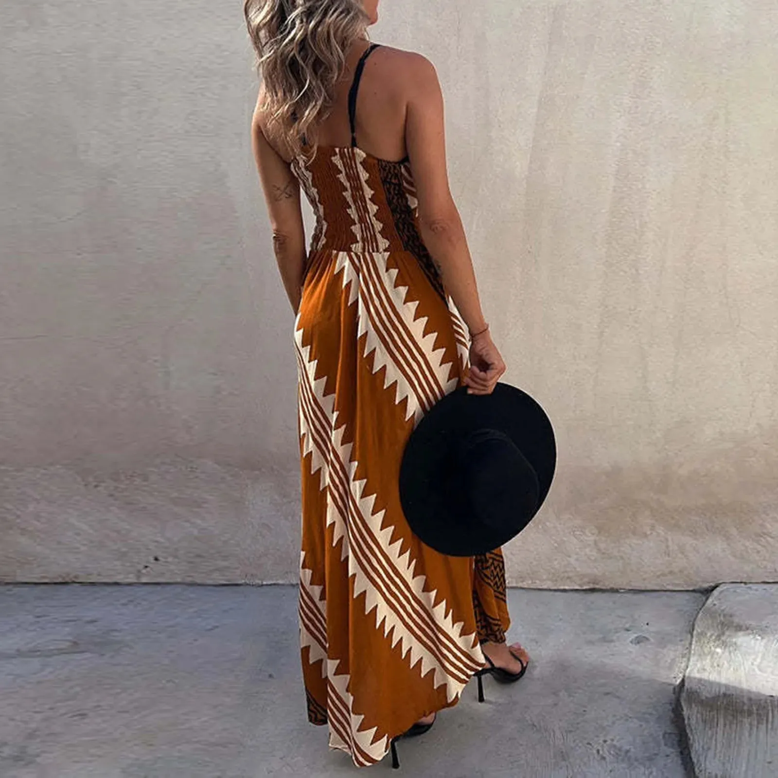 Printed Retro Summer V Beach Casual Neck Long Fashion Bohemian Sleeveless Halter Dress