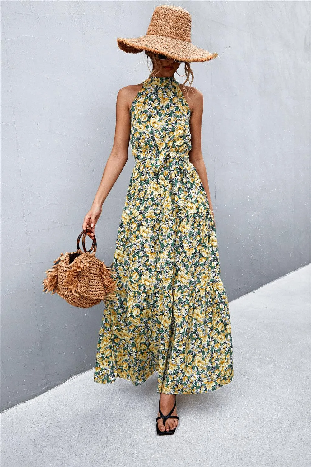 Printed Sleeveless Tie Waist Maxi Dress