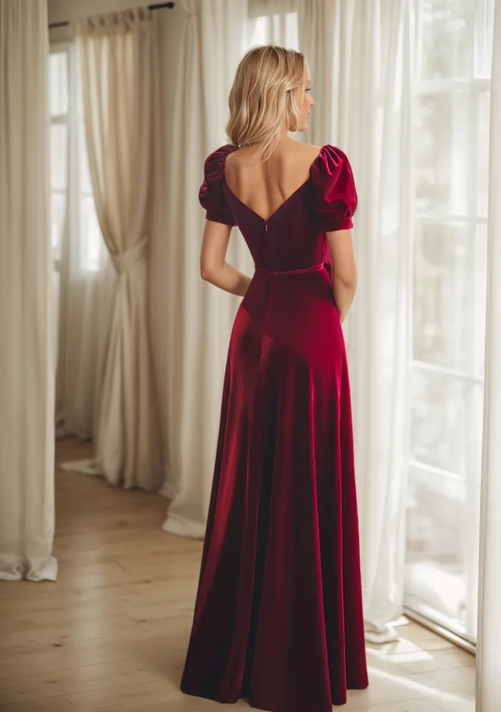 Puffed Short Sleeves Velvet Long Prom Dress with Sweetheart Neckline