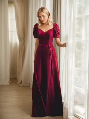 Puffed Short Sleeves Velvet Long Prom Dress with Sweetheart Neckline