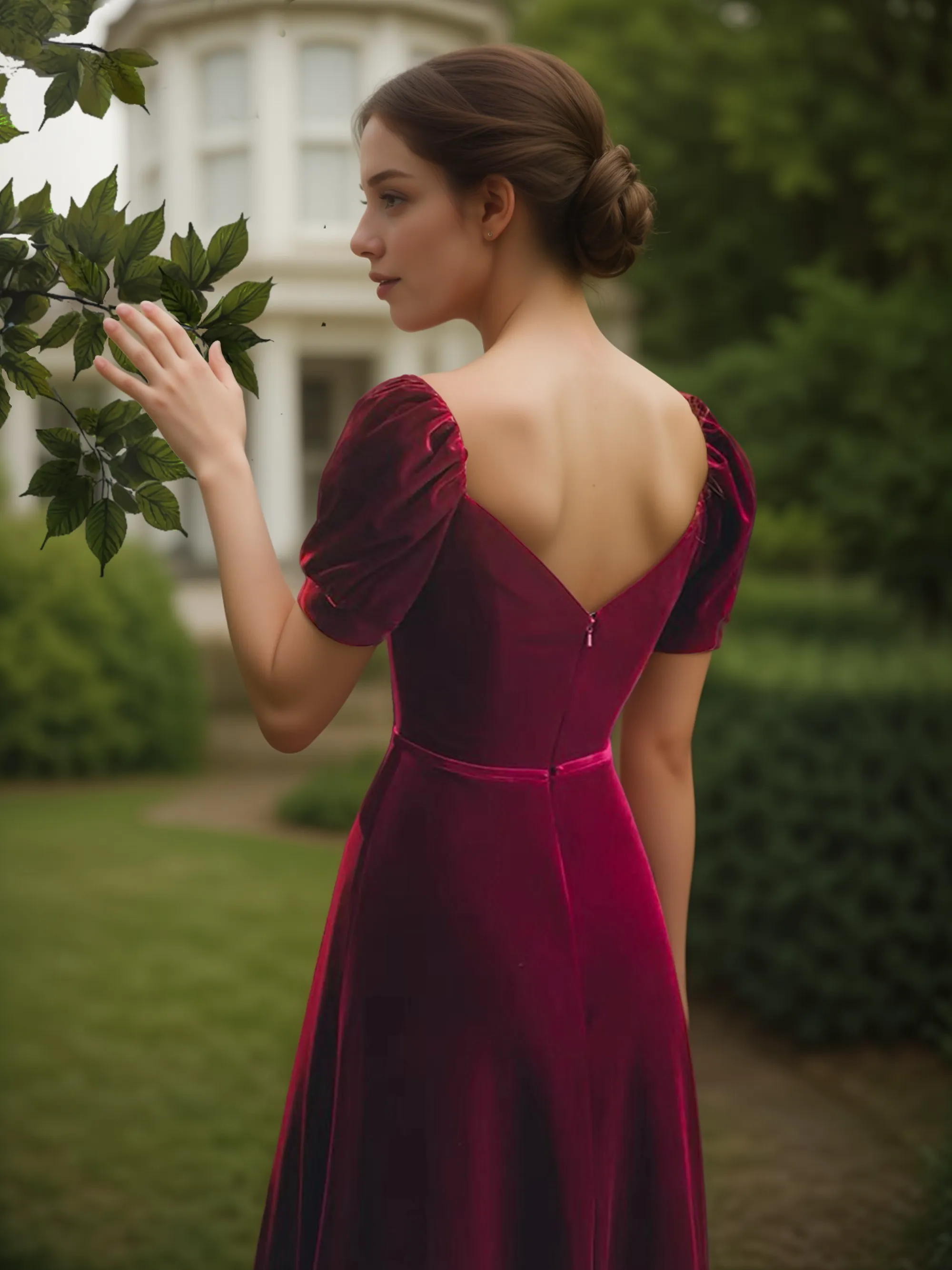 Puffed Short Sleeves Velvet Long Prom Dress with Sweetheart Neckline