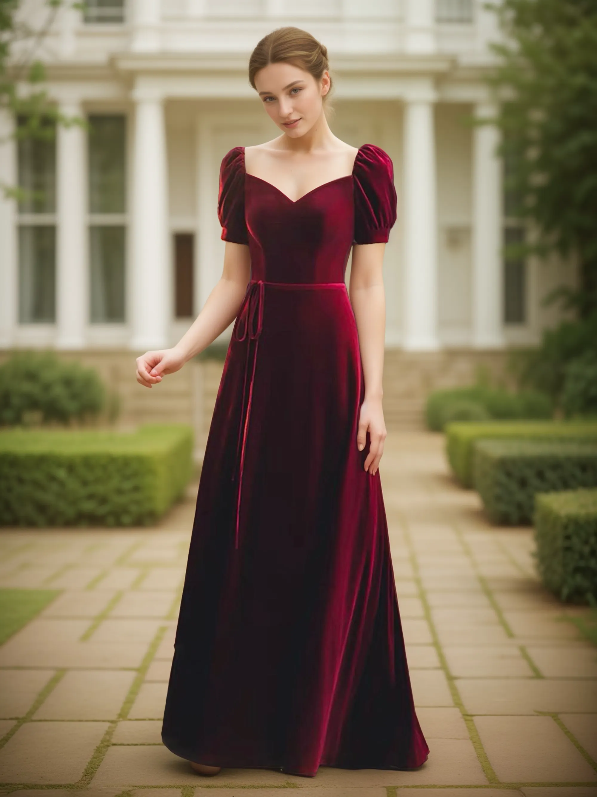 Puffed Short Sleeves Velvet Long Prom Dress with Sweetheart Neckline