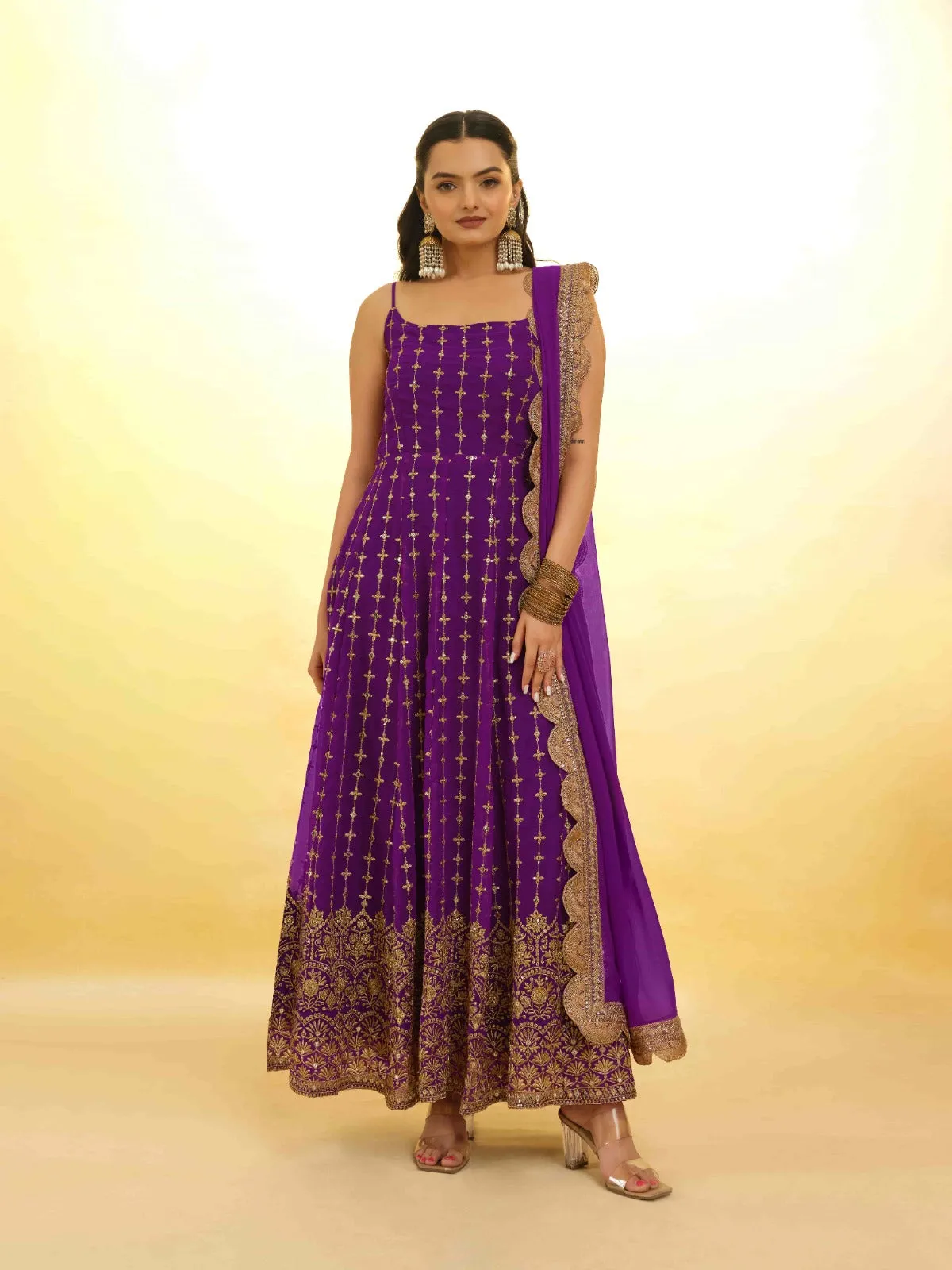 Purple Georgette Dress with Embroidery & Sequins – Ready to Wear