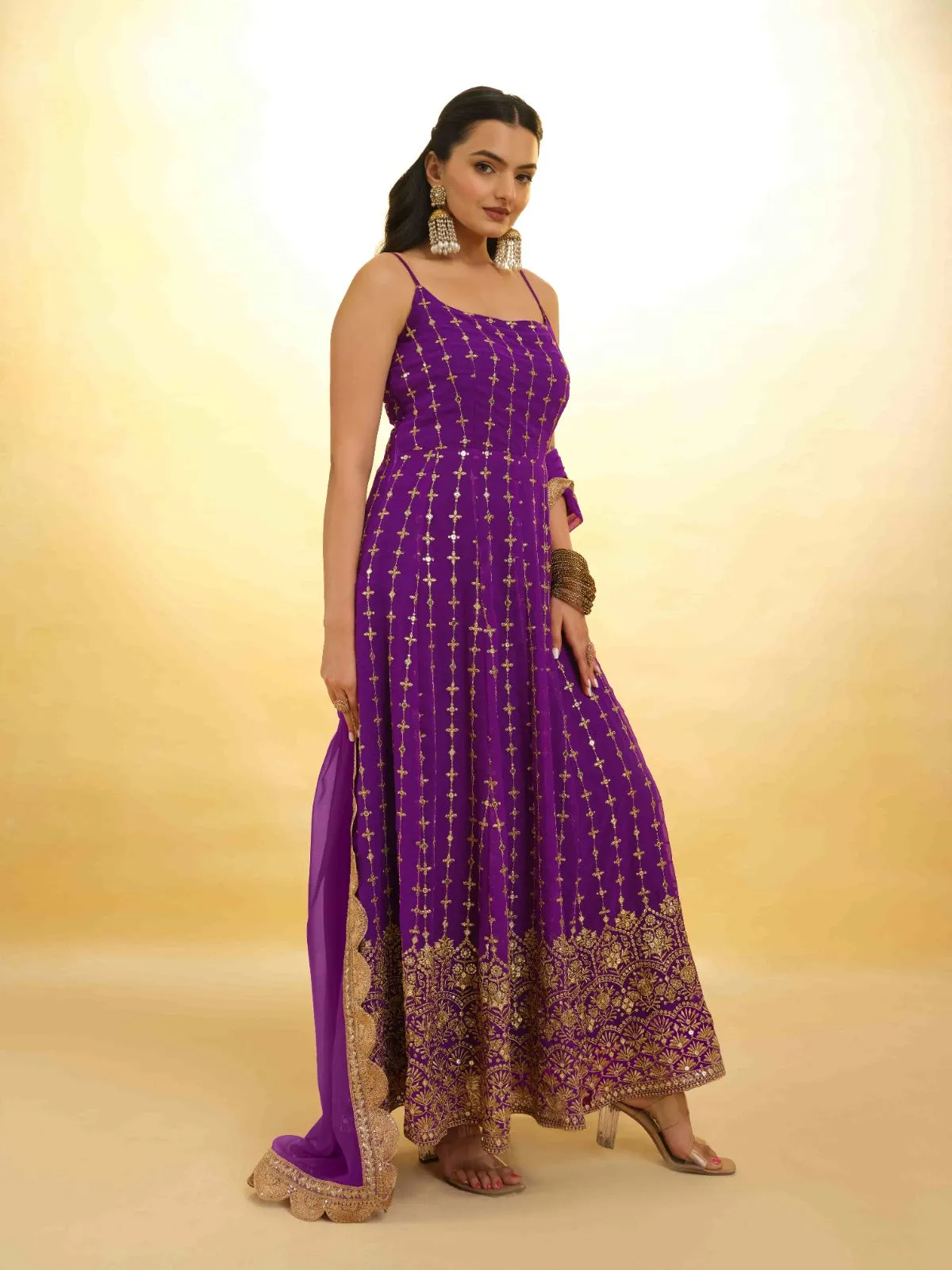 Purple Georgette Dress with Embroidery & Sequins – Ready to Wear