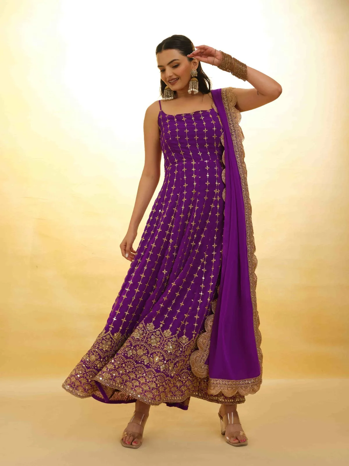 Purple Georgette Dress with Embroidery & Sequins – Ready to Wear