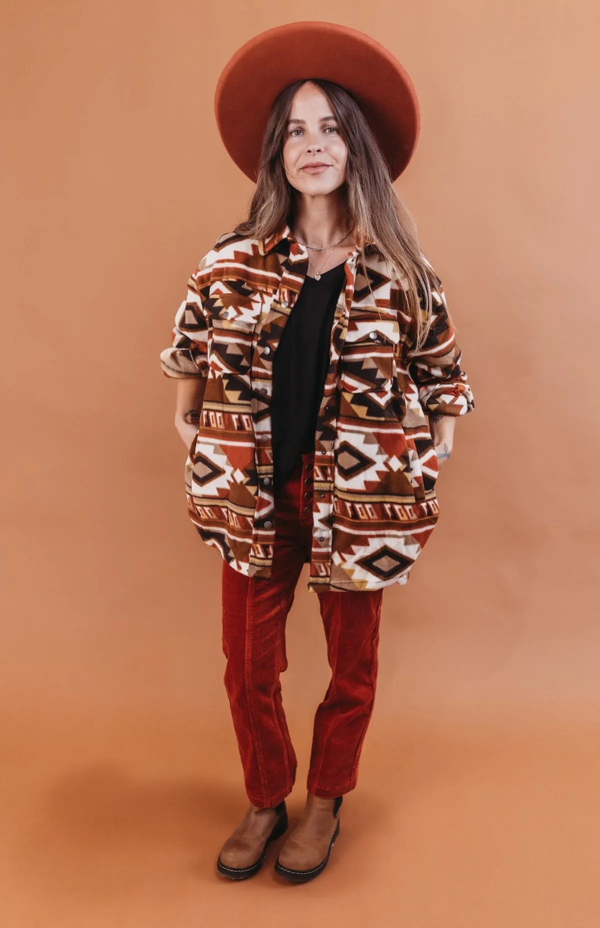 Rae Mode Aztec Print Fleece Open Front Long Sleeve Shacket