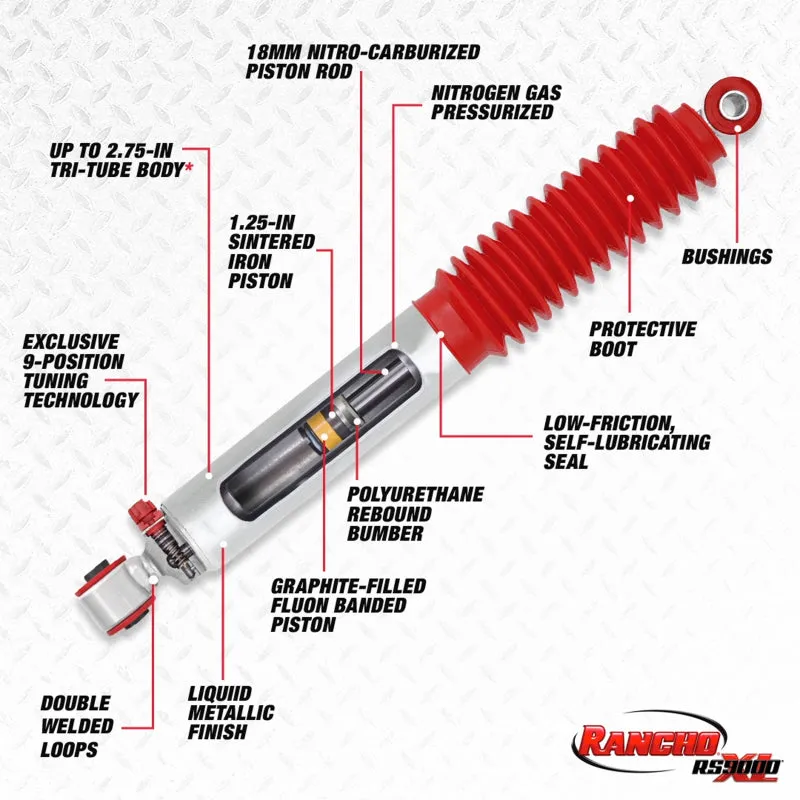 Rancho RS9000XL Series Tritube Shock - 13.280 in Compressed / 20.030 in Extended - 2.75 in OD - Adjustable - Silver Paint