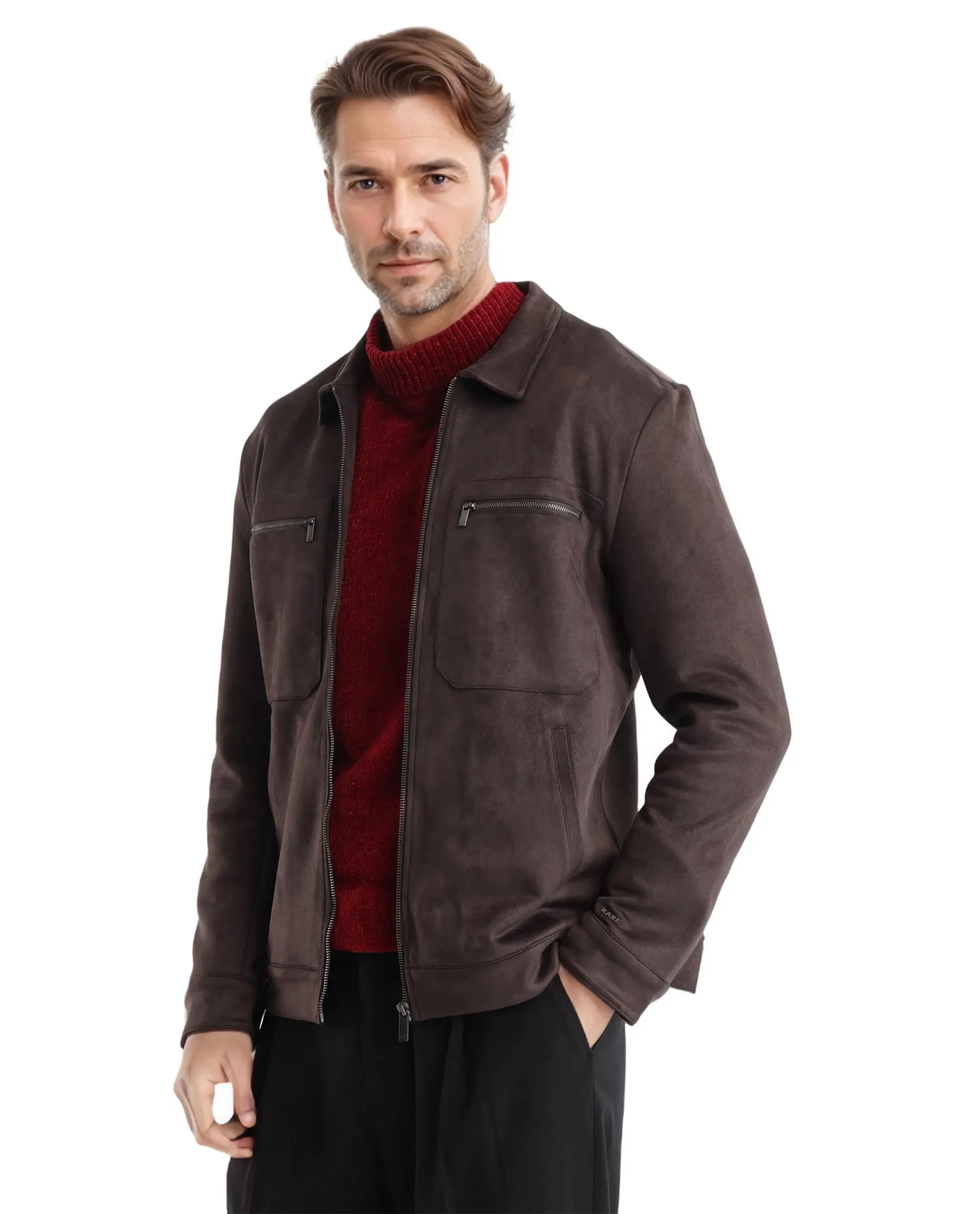 Rare Rabbit Men Bax-3 Dark Brown Polyester Spandex Fabric Full Sleeve Collared Neck Zipper Closure Regular Fit Plain Jacket