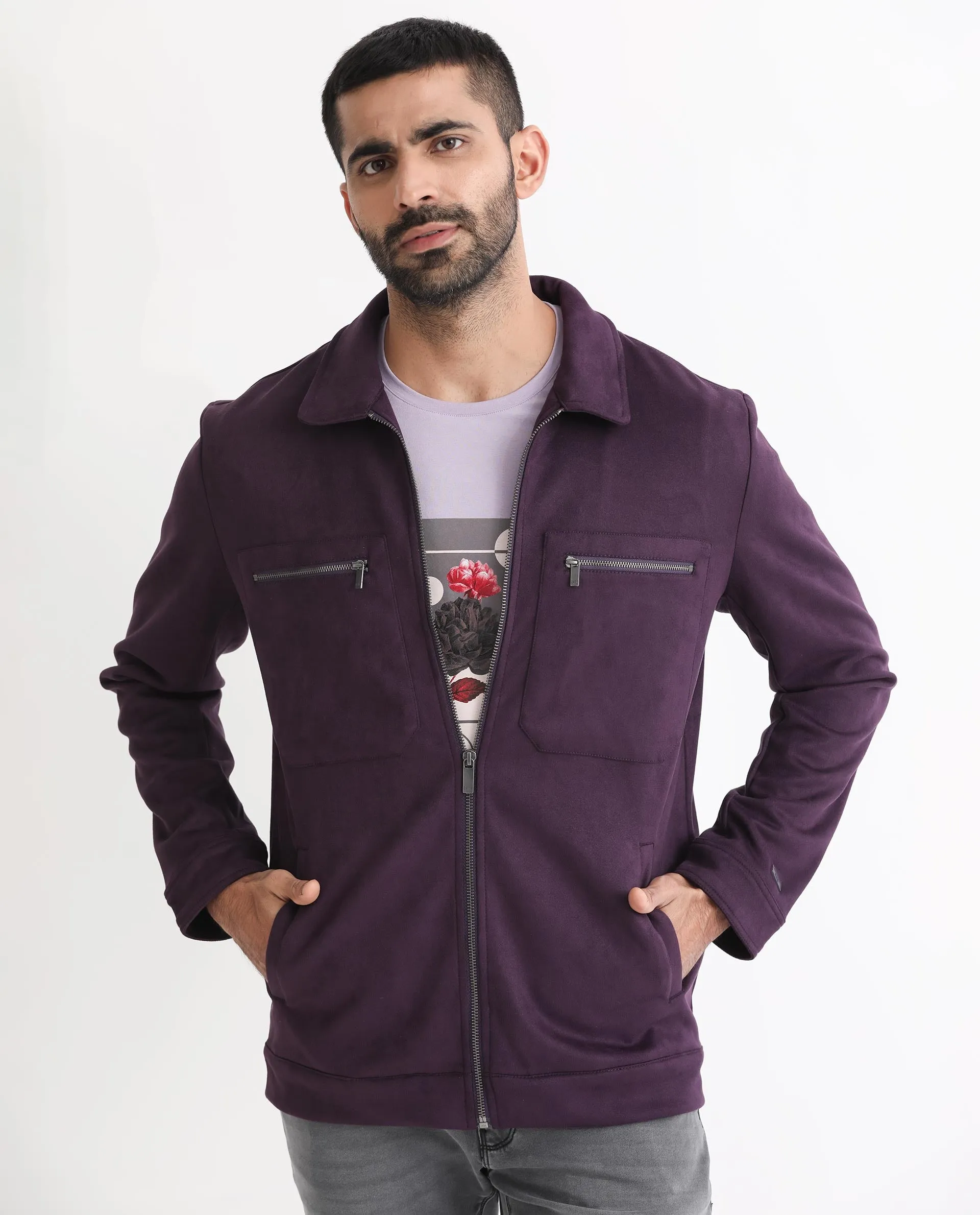 Rare Rabbit Men's Bax Purple Suede Full Sleeves Zipper Closure Spread Collar Boxy Fit Solid Jacket