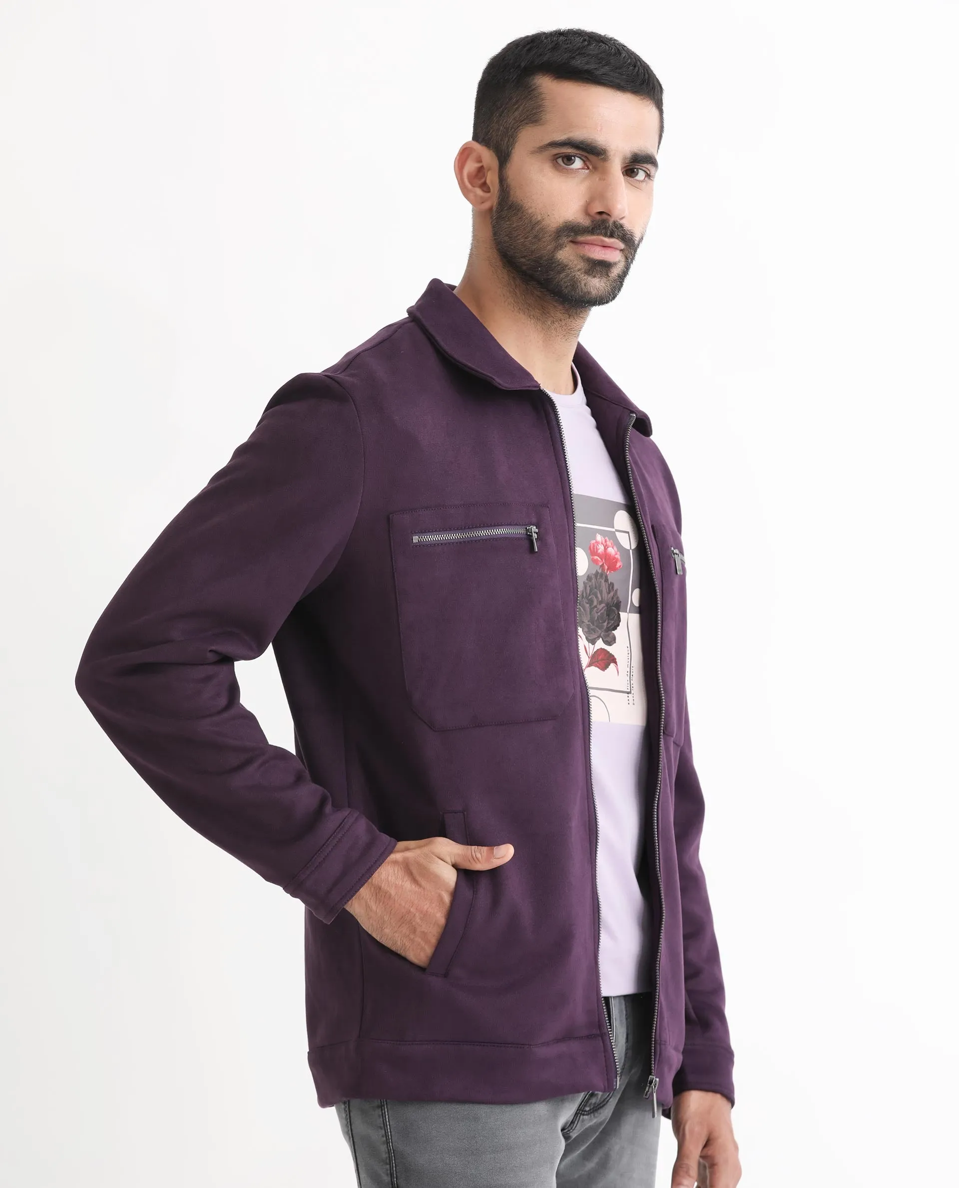 Rare Rabbit Men's Bax Purple Suede Full Sleeves Zipper Closure Spread Collar Boxy Fit Solid Jacket