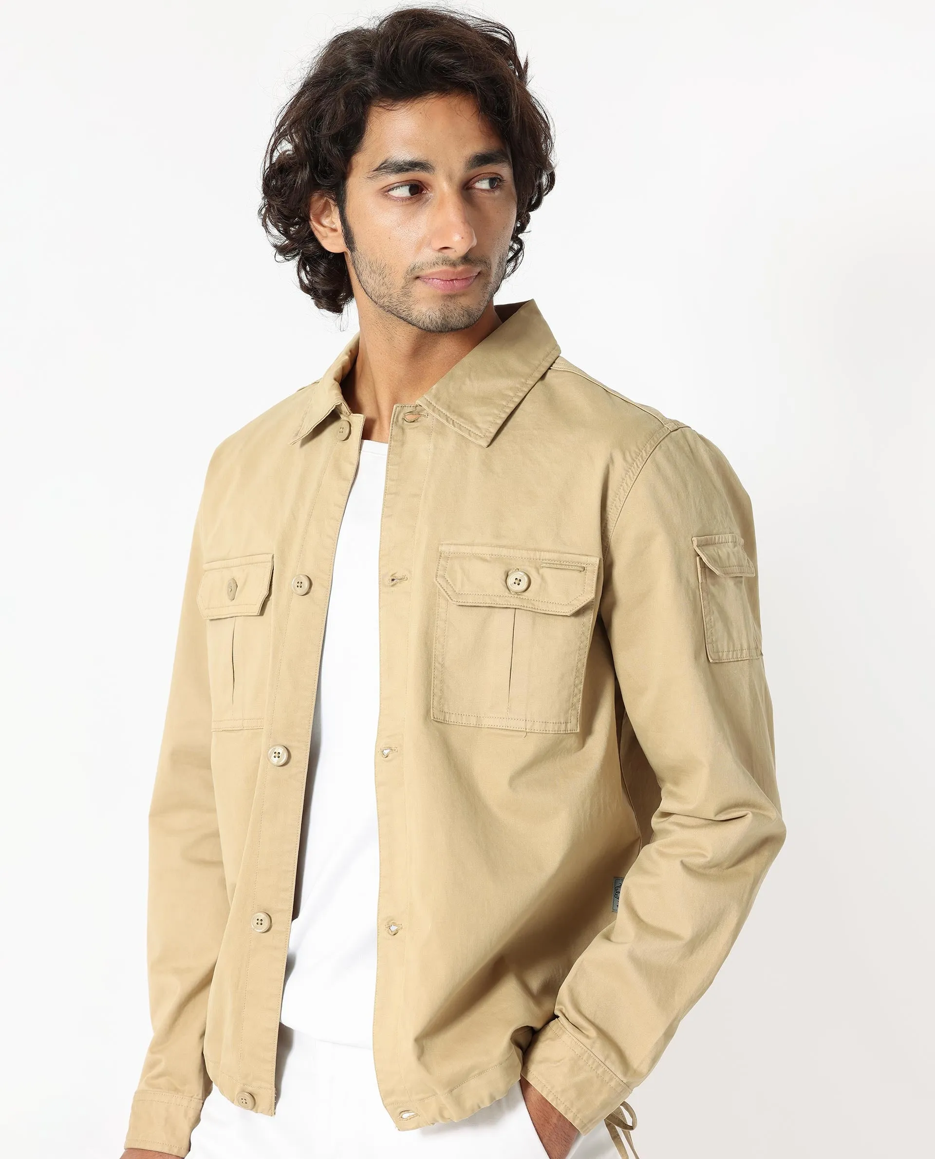 Rare Rabbit Men's Cedro Beige Cotton Lycra Fabric Full Sleeves Dyed Cargo Jacket