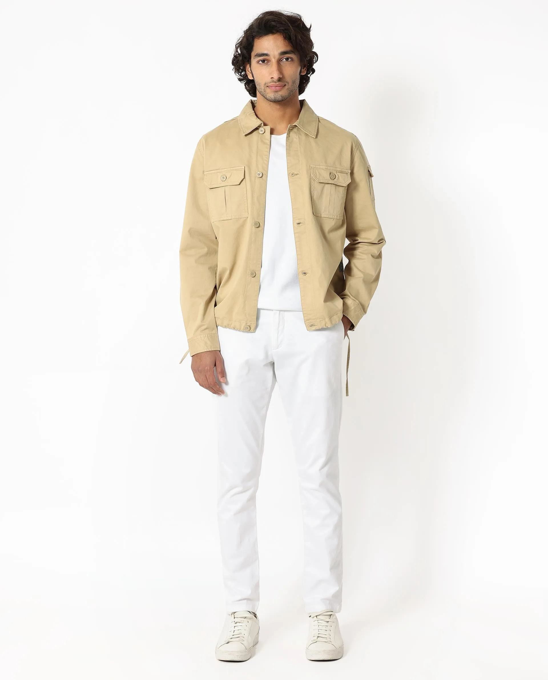 Rare Rabbit Men's Cedro Beige Cotton Lycra Fabric Full Sleeves Dyed Cargo Jacket