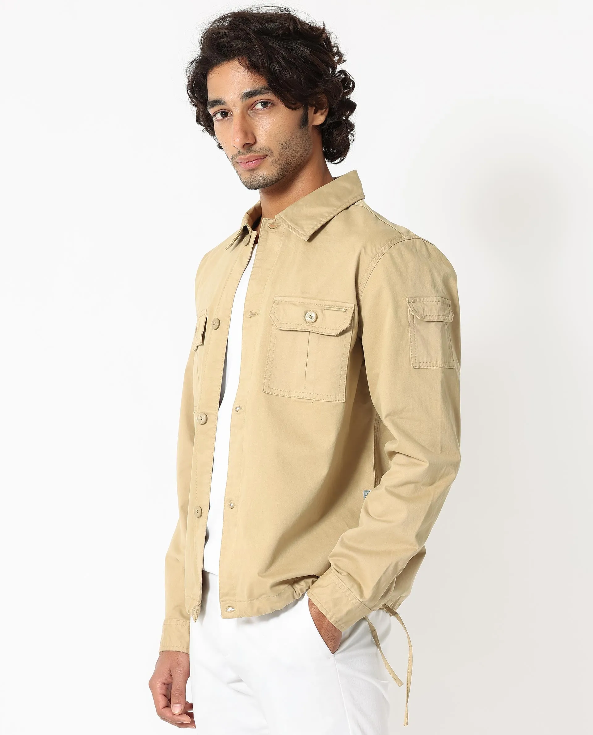 Rare Rabbit Men's Cedro Beige Cotton Lycra Fabric Full Sleeves Dyed Cargo Jacket