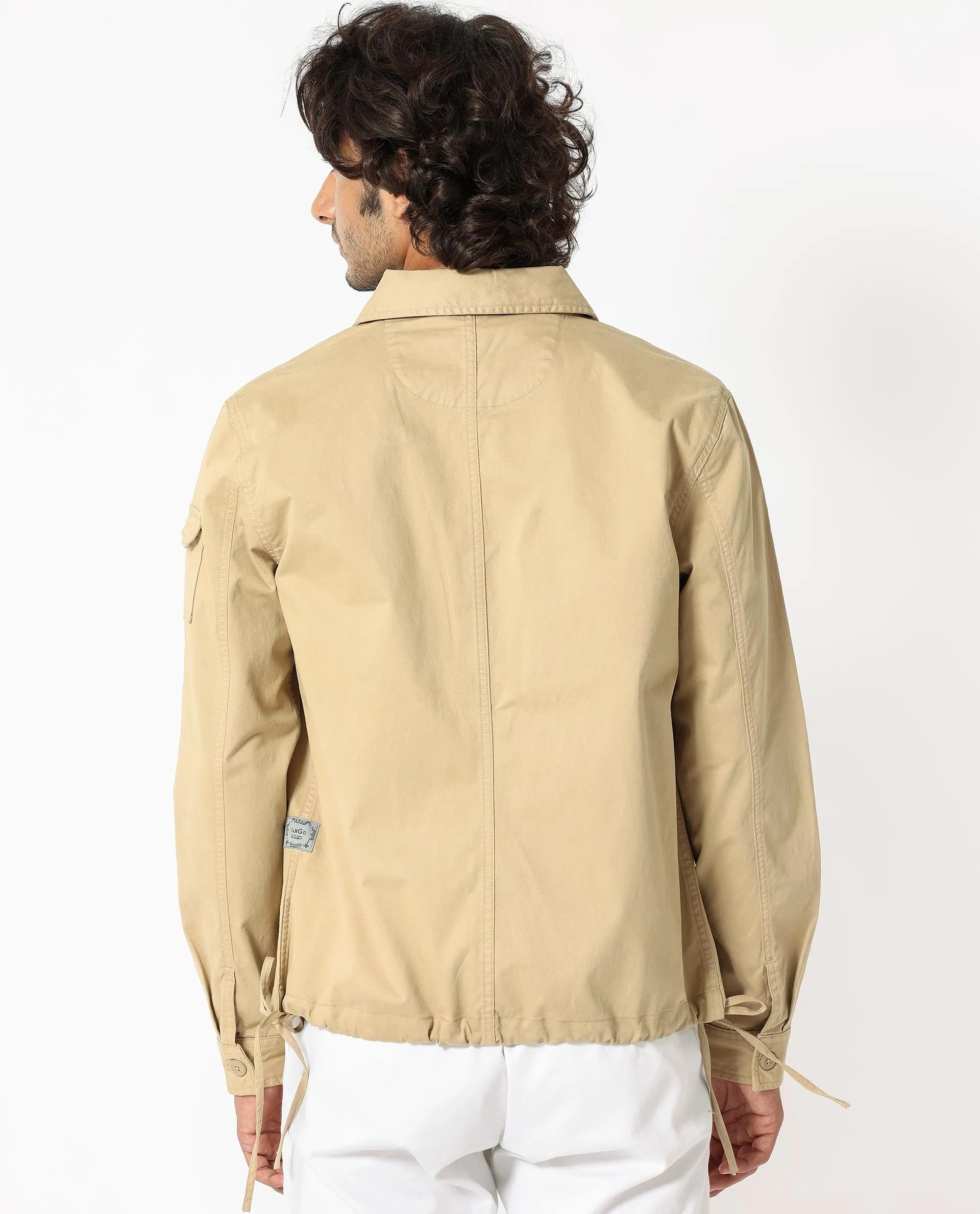 Rare Rabbit Men's Cedro Beige Cotton Lycra Fabric Full Sleeves Dyed Cargo Jacket