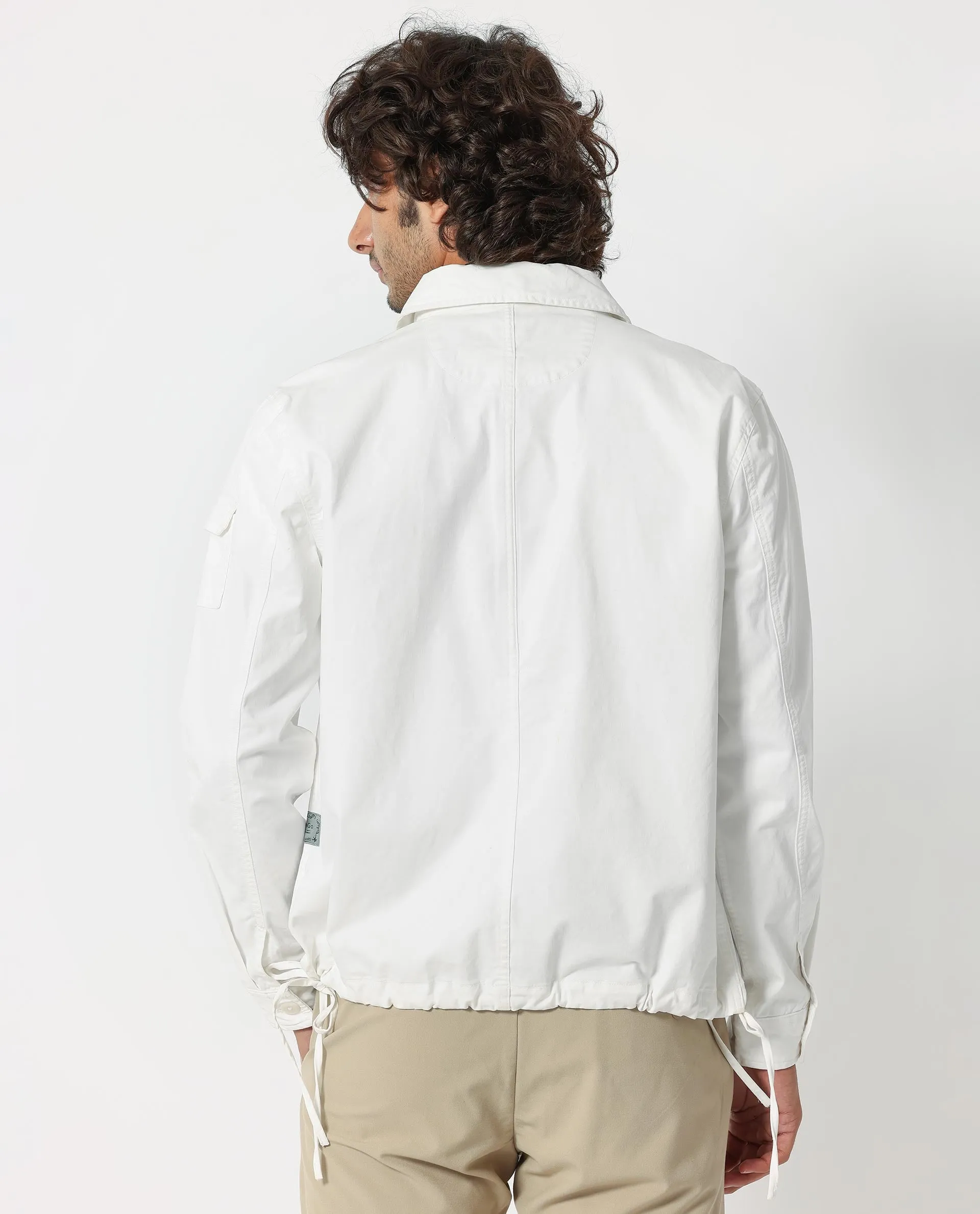 Rare Rabbit Men's Cedro White Cotton Lycra Fabric Full Sleeves Dyed Cargo Jacket