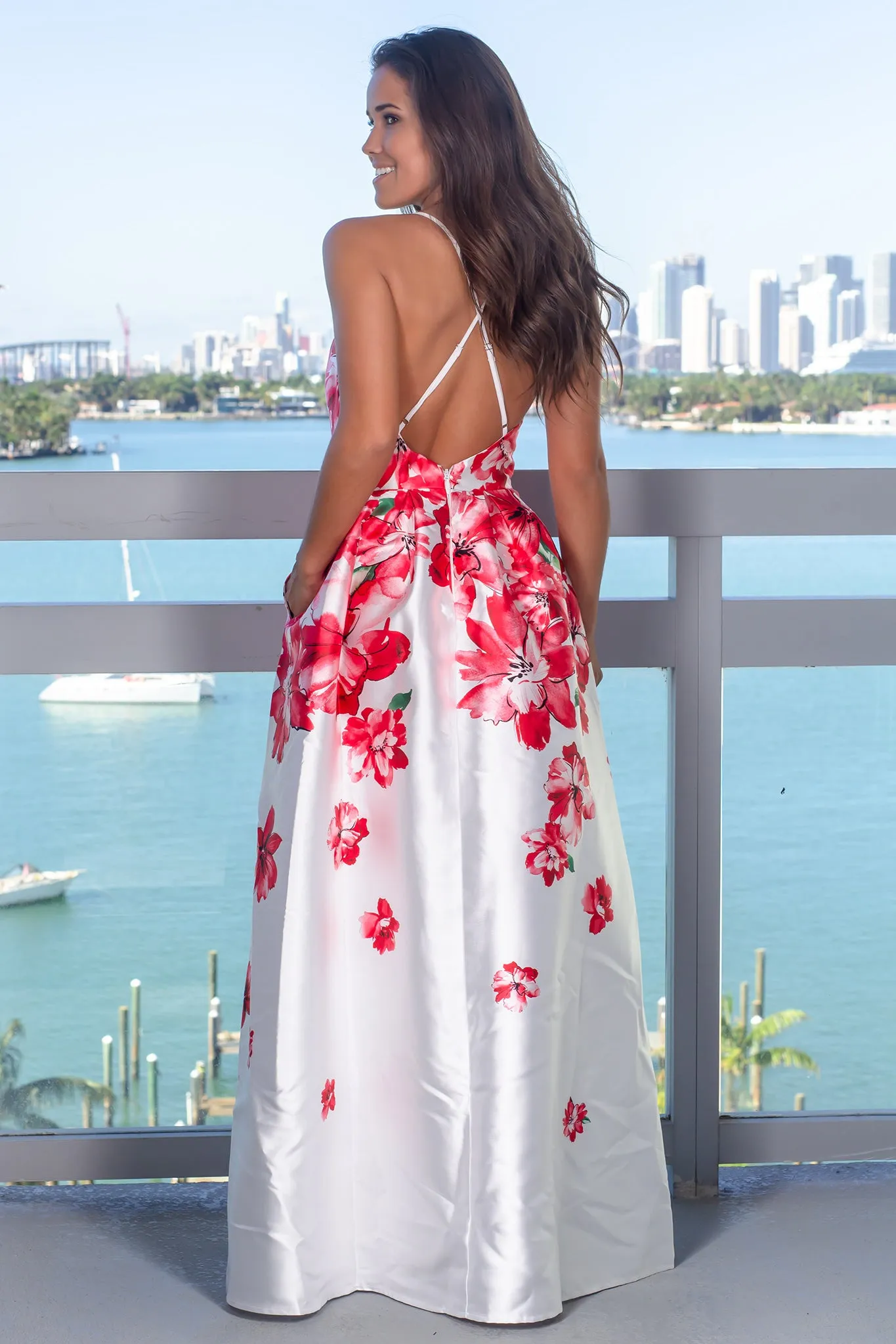 Red Floral Maxi Dress with Pockets