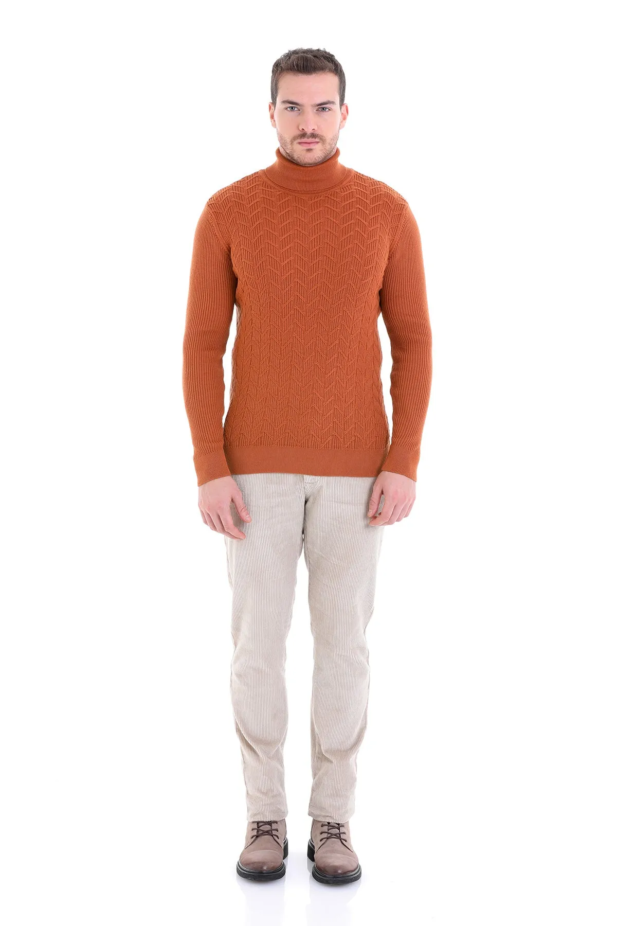 Regular Fit Brick Patterned Cotton Turtleneck Sweater