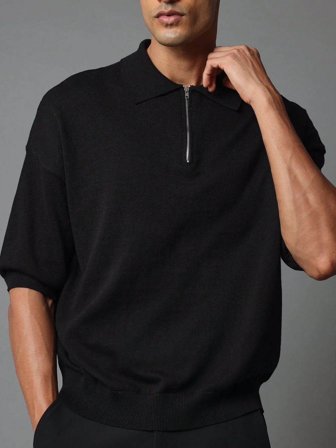 Regular Fit Half Zip Polo Knit Top