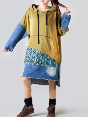 Retro Large Size Hooded Long Sleeve Pullover Denim Midi Dress