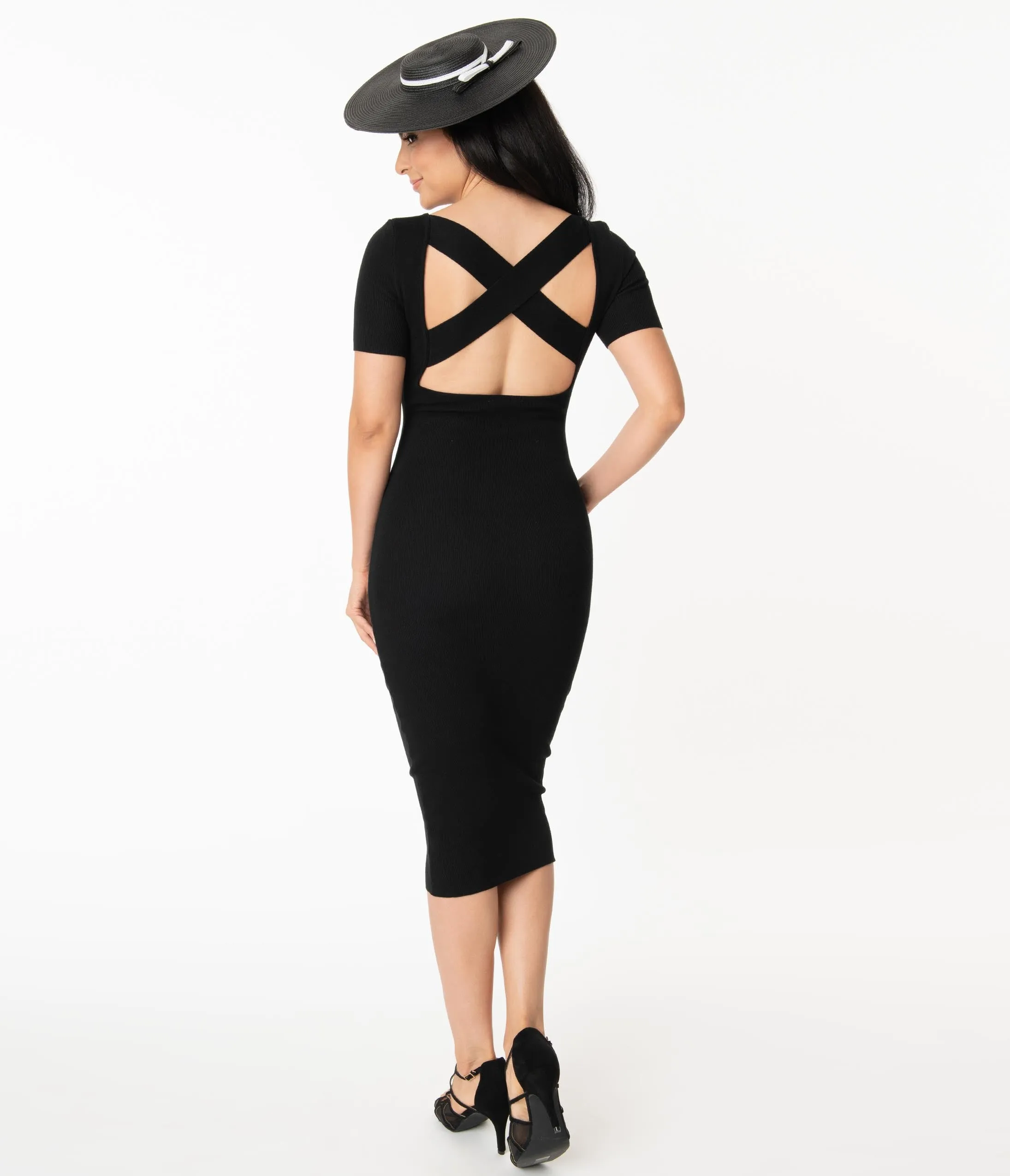 Retro Style Black Cross Back Bodycon Wiggle Dress