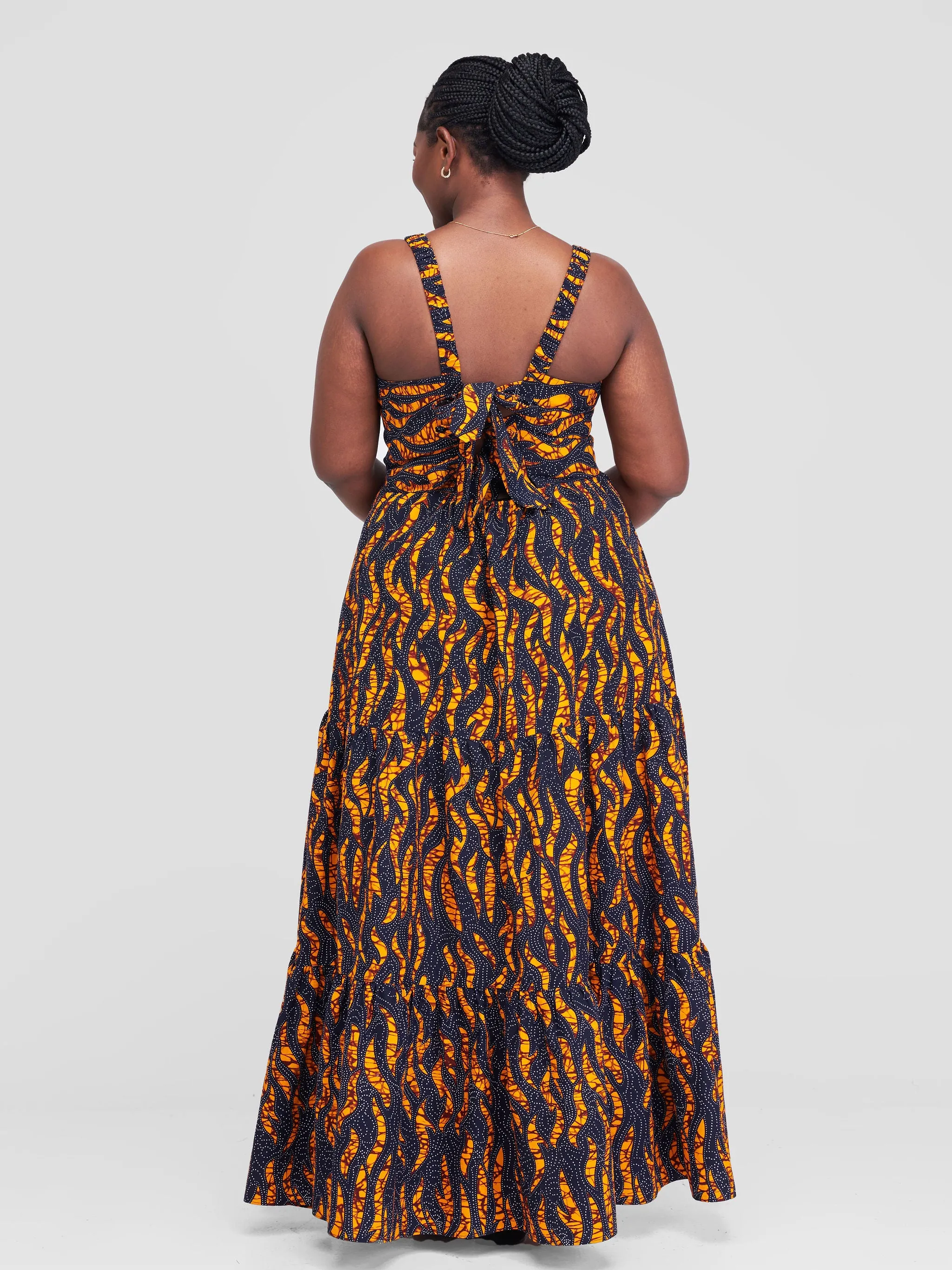 Safari Anga Strappy Tie Back Maxi Dress - Navy / Mustard Ankara Print