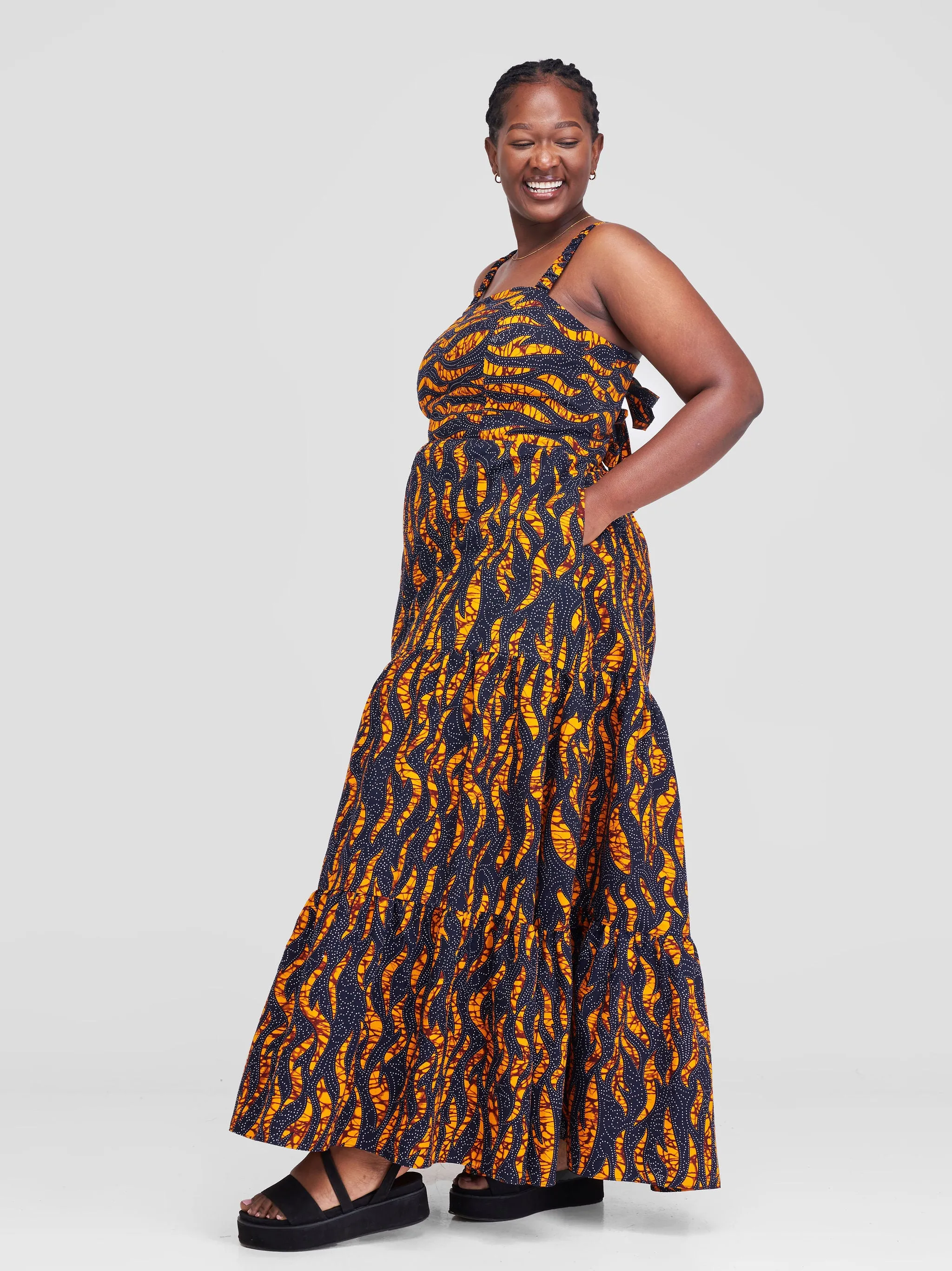 Safari Anga Strappy Tie Back Maxi Dress - Navy / Mustard Ankara Print