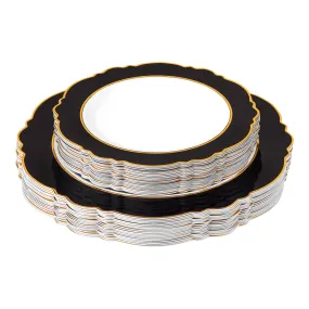 Scallop Disposable Plastic Plates 40 pcs Combo Pack - Black & Gold-Trimmed