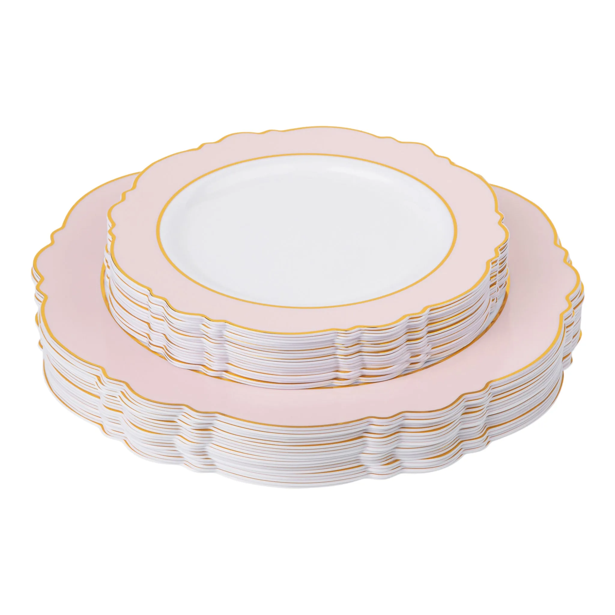 Scallop Disposable Plastic Plates 40 pcs Combo Pack - Pink & Gold-Trimmed