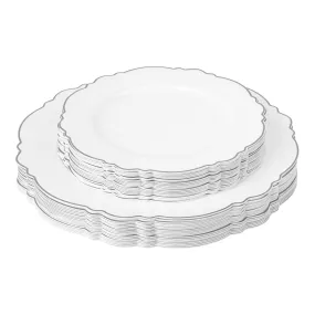 Scallop Disposable Plastic Plates 40 pcs Combo Pack - White Silver-Trimmed