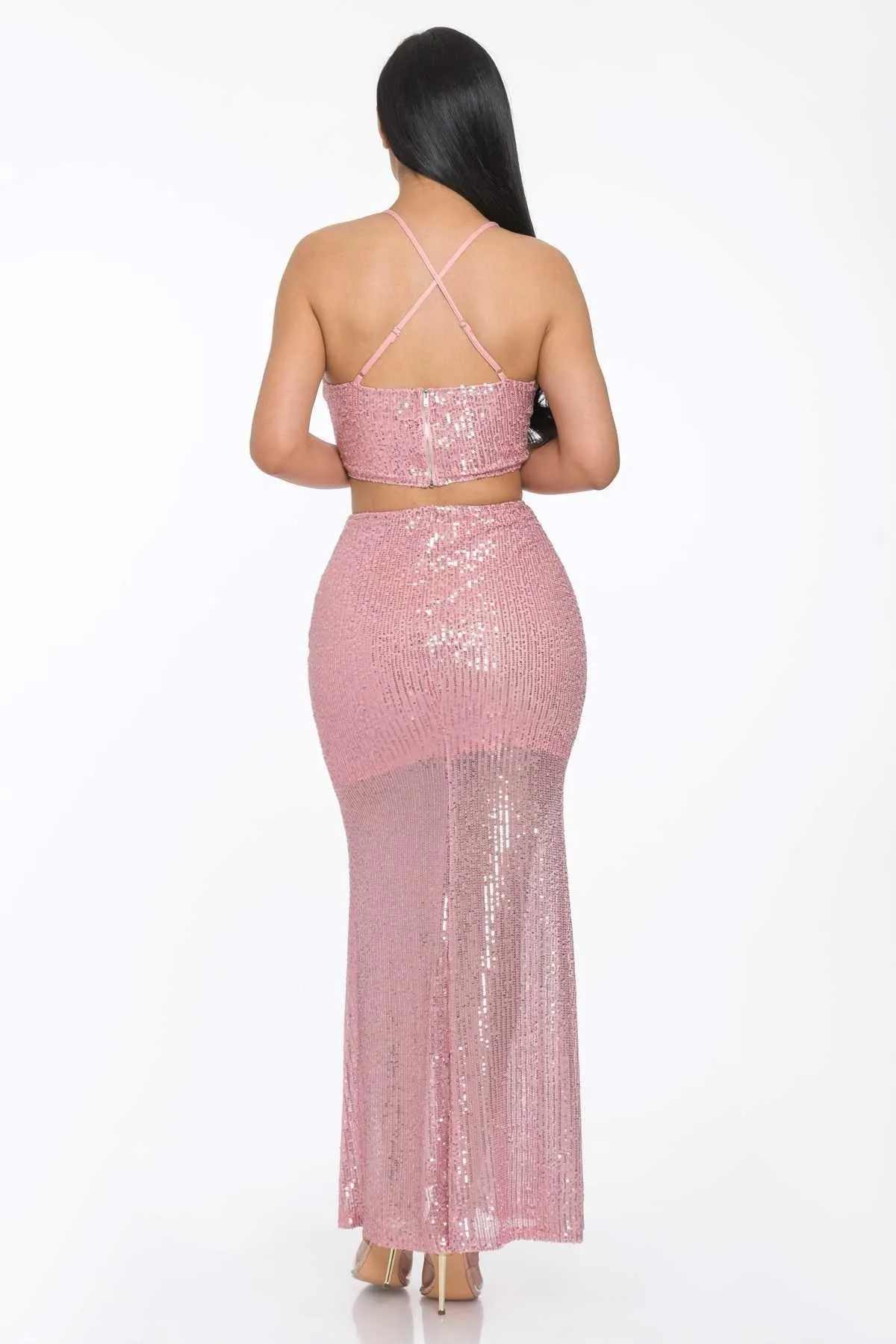 Sexy Back Baby Pink Sequin Maxi Dress