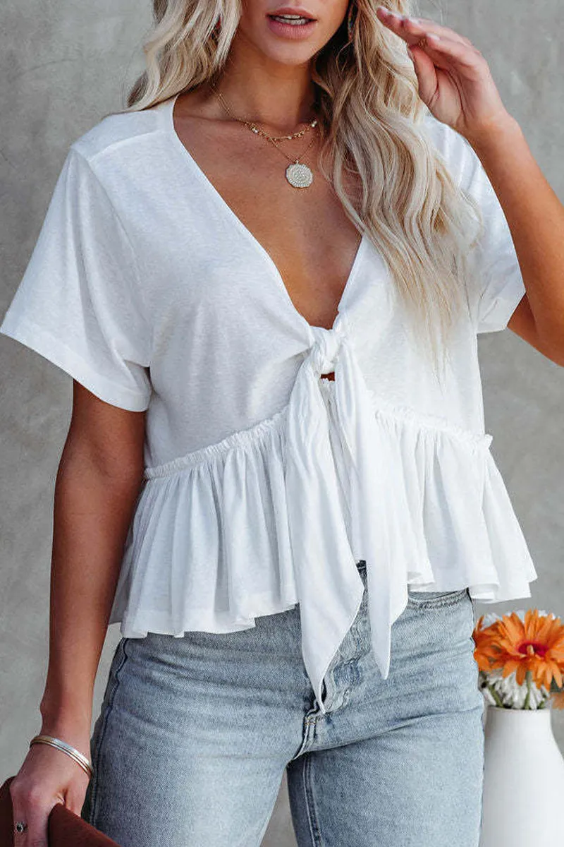 Sexy Daily Solid Bandage POLO Collar Blouses(5 Colors)